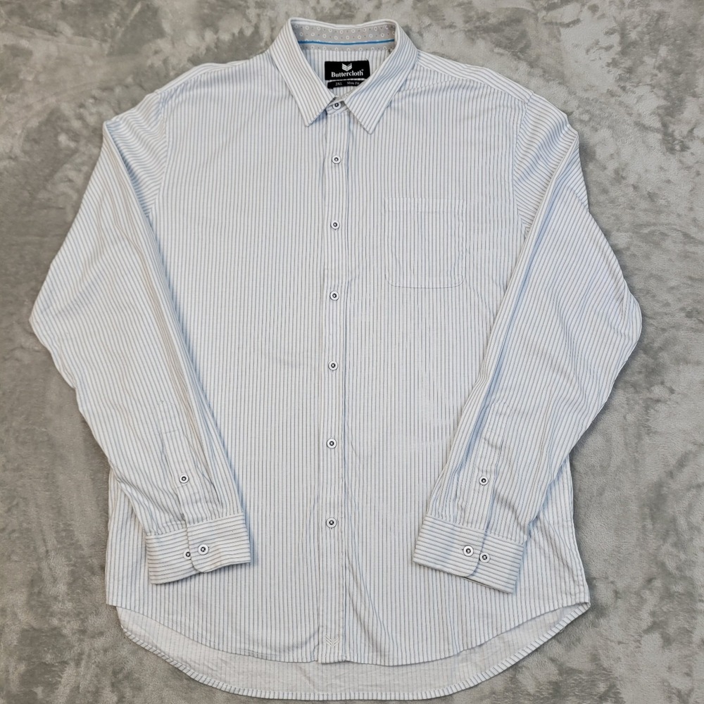 Butter Cloth Shirt Men's 2XL White Blue Stripe Button-Up Slim Fit Cotton Casual